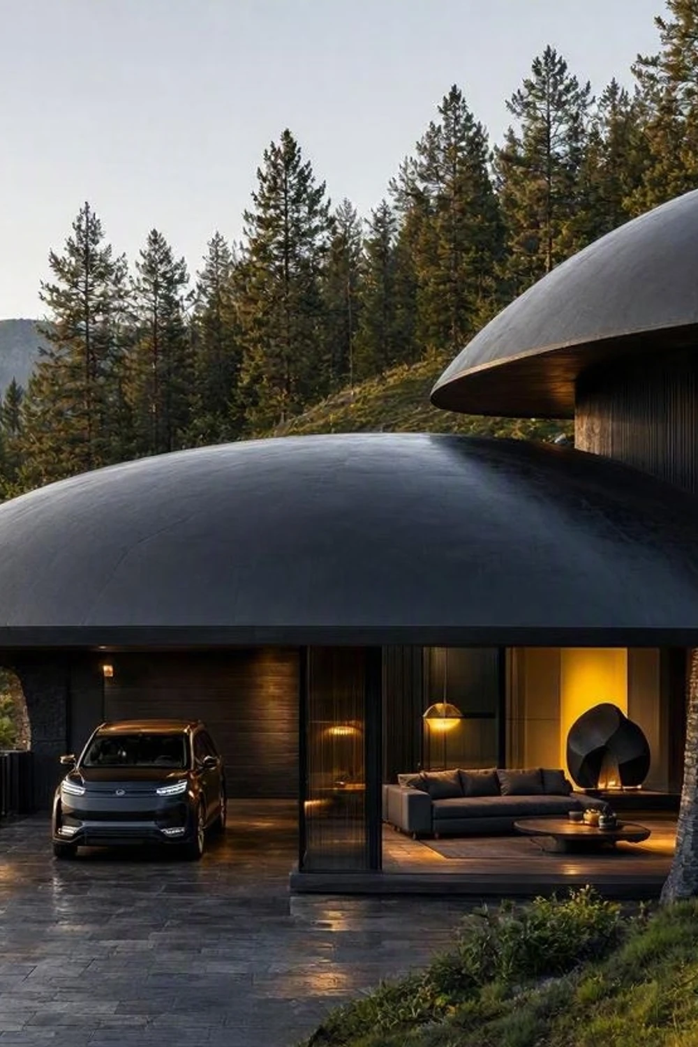 Mushroom-Inspired Luxury Villa: A Mysterious Black Retreat Hidden in the Forest